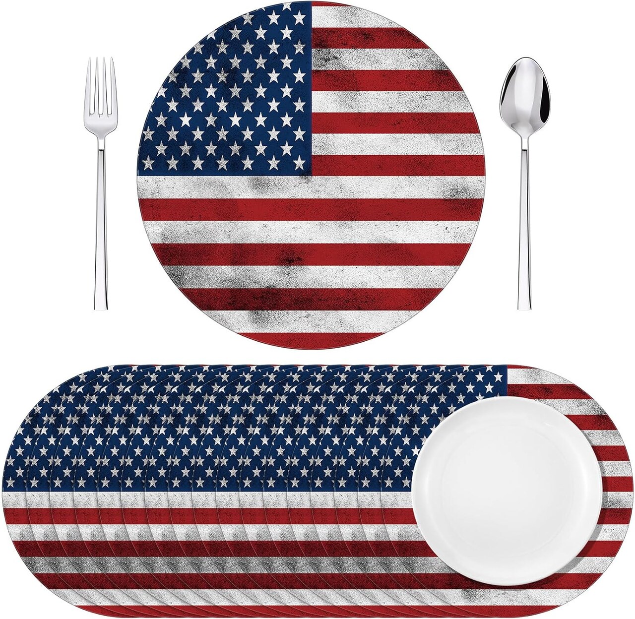 100 Pcs 4th of July Paper Placemats 13 Inch Patriotic Round Table Mats Star USA Flag Disposable Placement Red White and Blue Tablemats Mats for Table Setting Independence Day Party Supplies